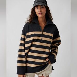 Free People Coastal Stripe Half Zip Oversized Sweater Black Camel Size S